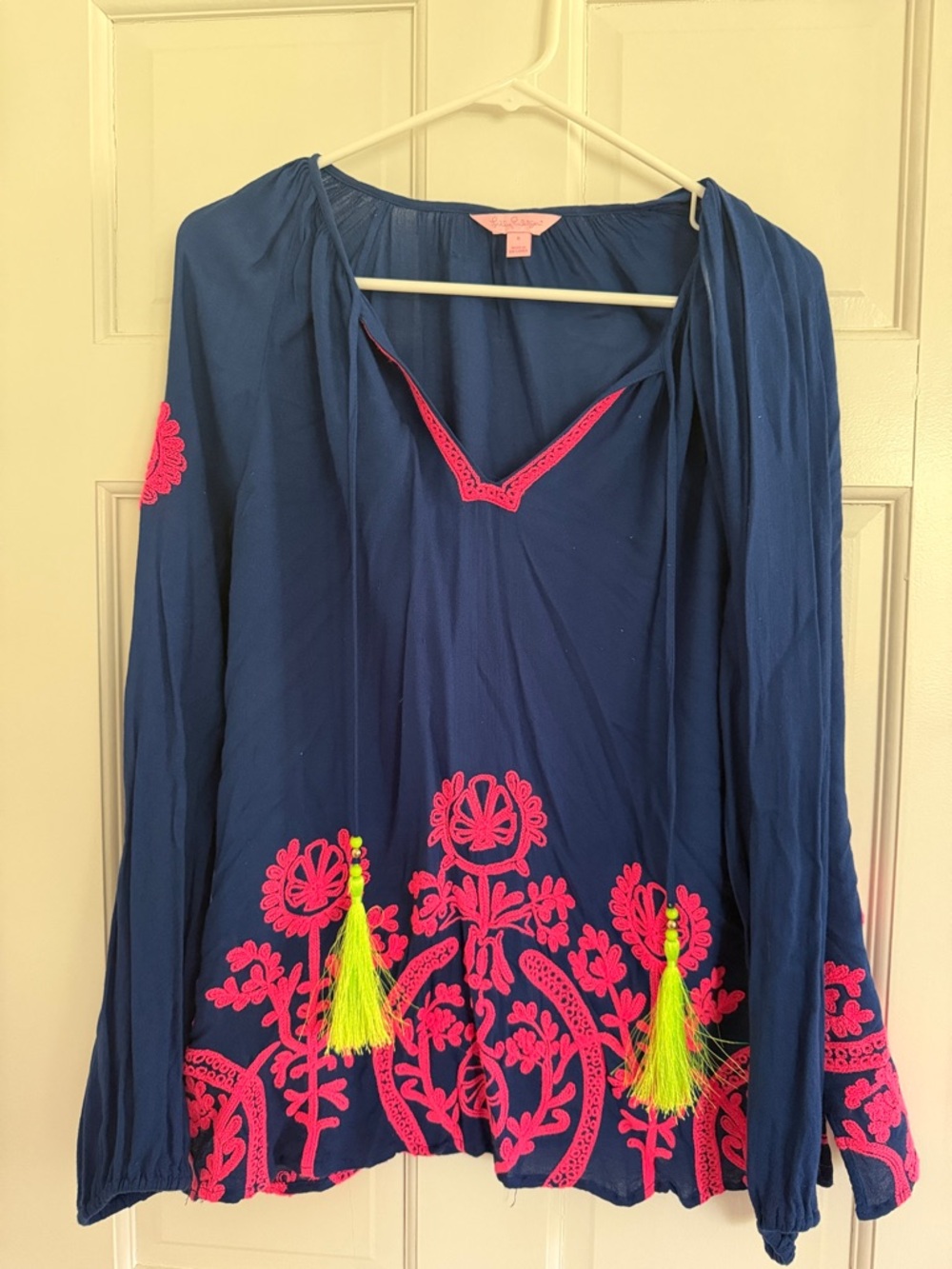 Lilly Pulitzer Navy Blue Tunic with Hot Pink Embroidery and Neon Yellow Tassels